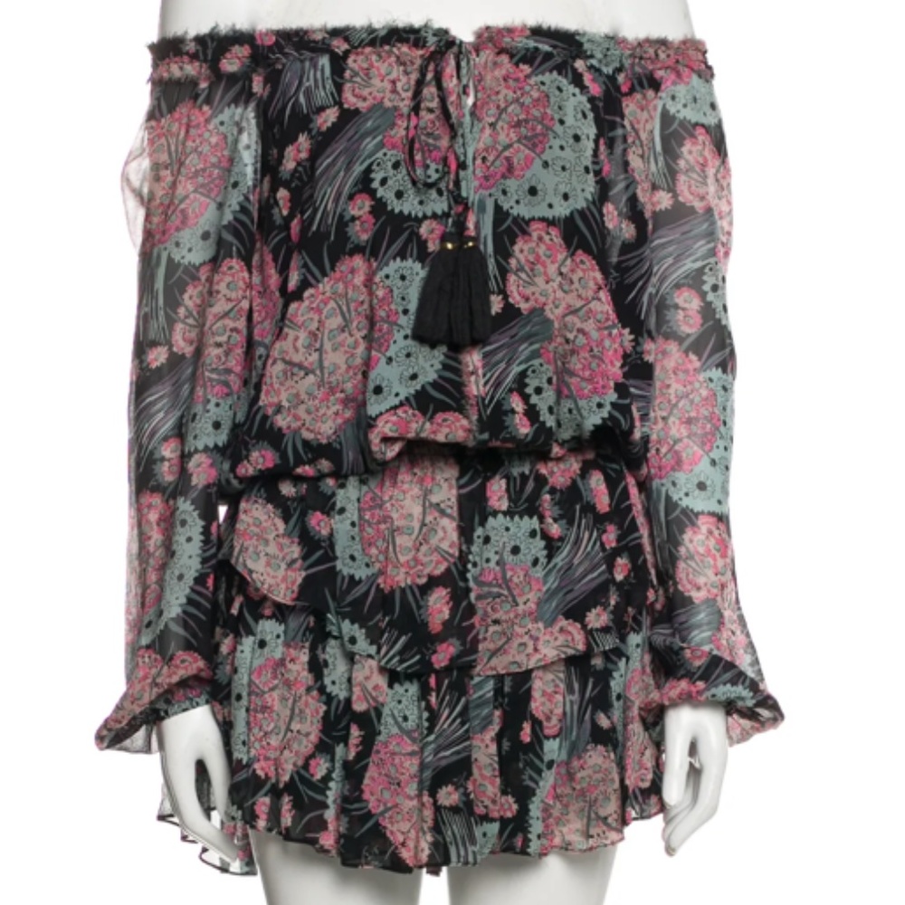 LoveShackFancy Black Floral Off-Shoulder Mini Dress